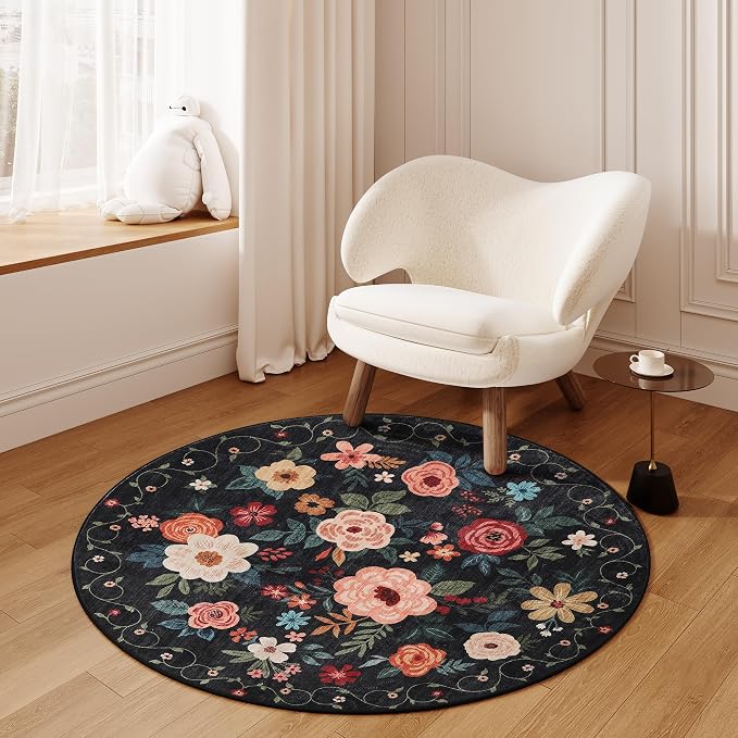 DUKINO 4ft Round Rug, Floral Washable Small Round Area Rug Non Slip, Black | Soft, Low Pile, Stain Resistant Indoor Circle Rug for Bedroom, Kitchen, Kids Room, Living Room, Pet Friendly, Home Decor