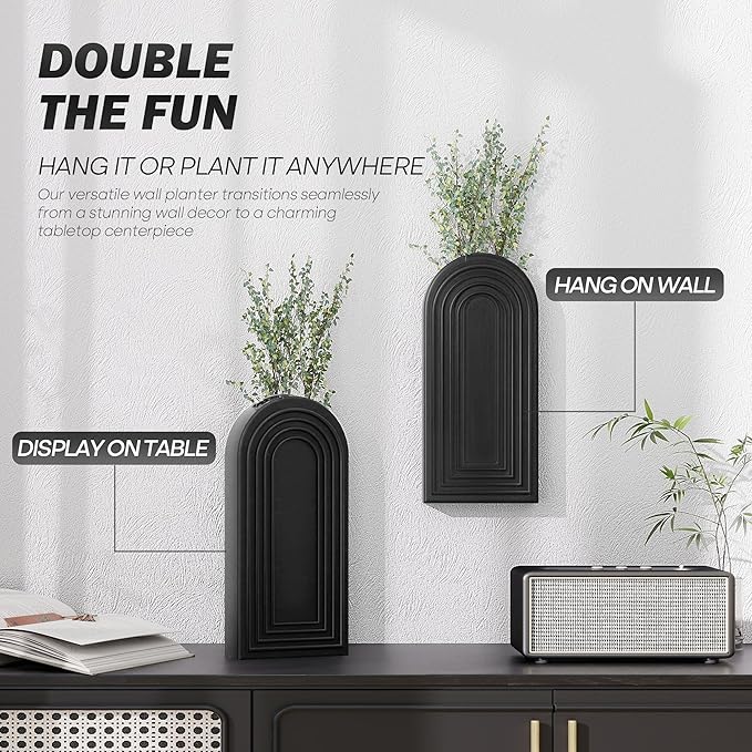 EOSAHR Wall Vase for Home Decor: Wall Planter for Indoor Plants, Black | 2Pcs Bathroom Set, Pine Wood, Wall Plant Holder for Home Decor, Boho Wall Art, Perfect for Kitchen & Bedroom, Rustic decor