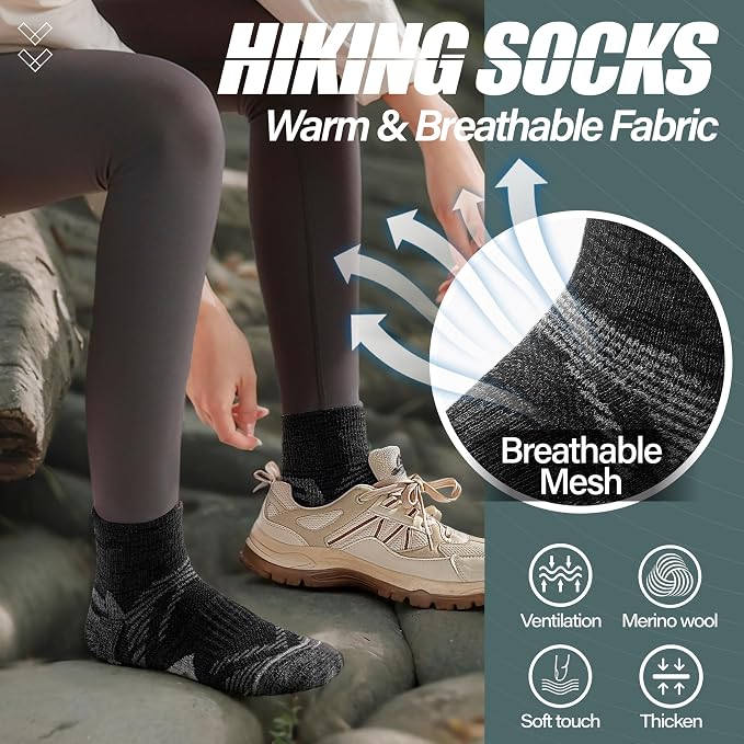 ANTSANG 6 Pairs Merino Wool Quarter Ankle Hiking Running Socks Compression Thermal Thick Cushion Socks for Women Men
