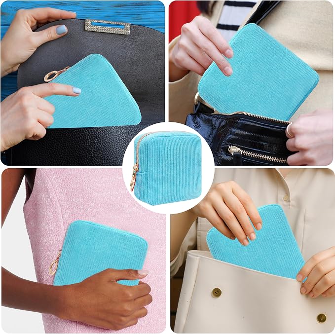 Period Bag for Girls, Corduroy Sanitary Napkin Storage Bag, Period Pouch & Tampon Holder, Feminine Care Organizer(Sky Blue)