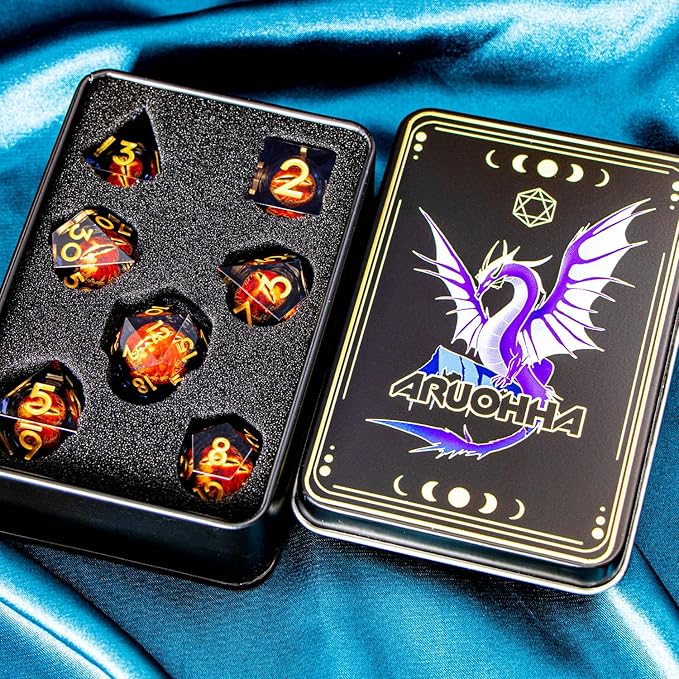 ARUOHHA DND Resin Dice Gazes Eye Dice Black Gold Liquid Core Flaming RPG Sharp Edged Dice Set with Gift Box, Polyhedral D and D Dice Set Compatible with Dungeons Dragons Role Playing Game D20 D6