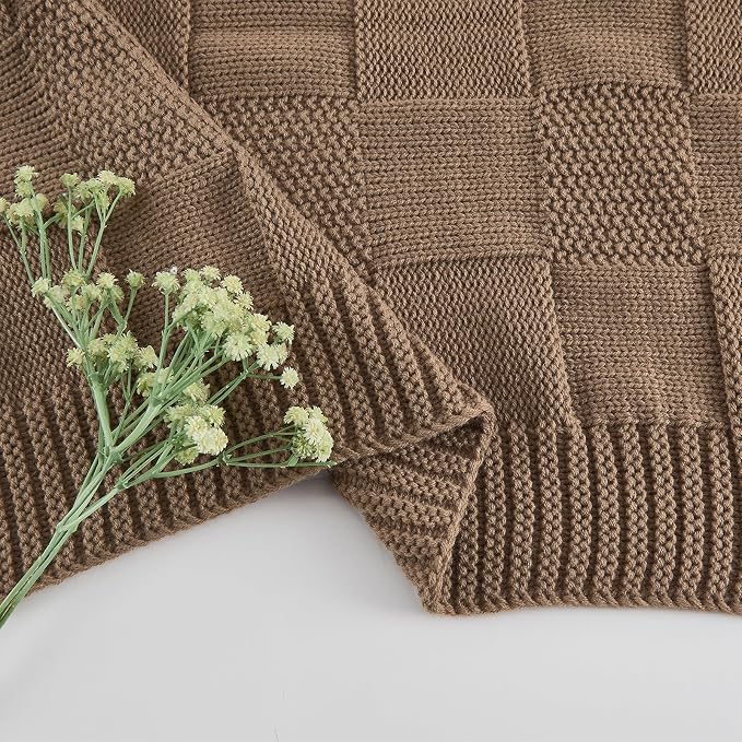 CozeCube Light Brown Knitted Checkered Throw Blanket 60"X80" | Check Knit Throw for Couch, Decorative Christmas Soft Cozy Warm Blanket for Bed Sofa Living Room