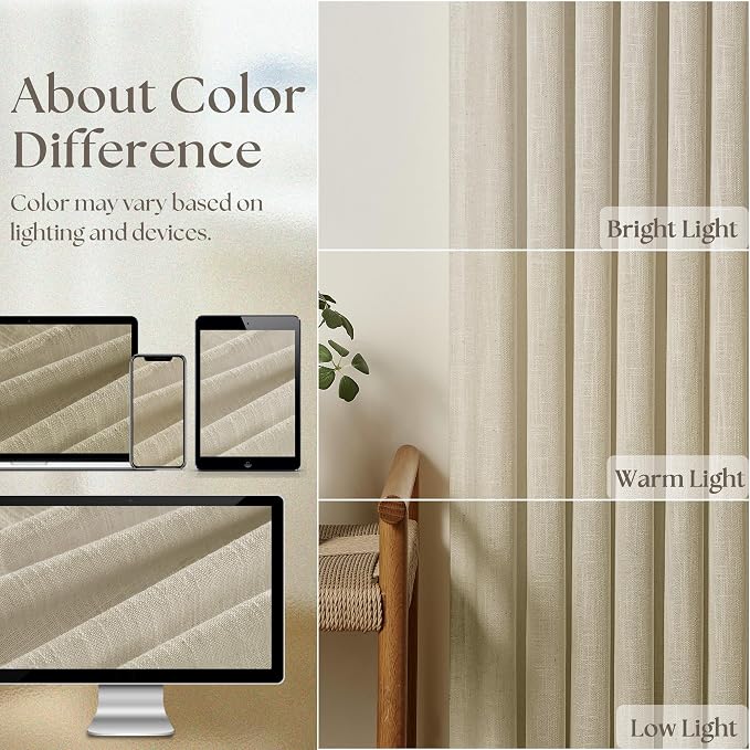 Beige Linen Curtains 112 Inches Long 2 Panels Pleated for Living Room Bedroom Memory Training Shaped Semi Sheer Neutral Flax Burlap Pinch Pleat Drapes Hooks Rings Light Filtering Window Curtain