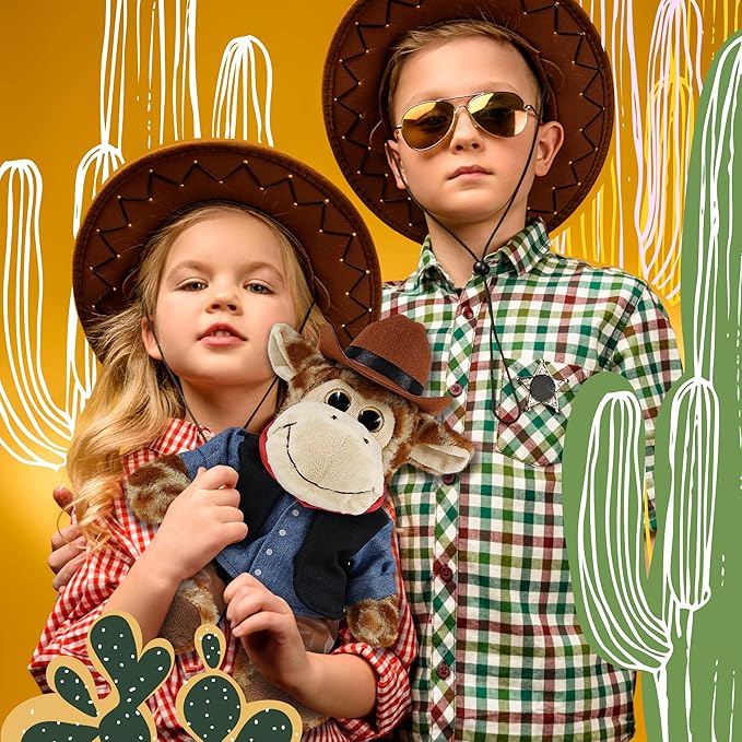 DolliBu Sitting Giraffe Stuffed Animal Cowboy Plush with Name Personalization - Western-Themed Giraffe Plush with Cute Cowboy Costume Denim Shirt Vest, Bandana, Leather Pants, and Hat - 9 Inches