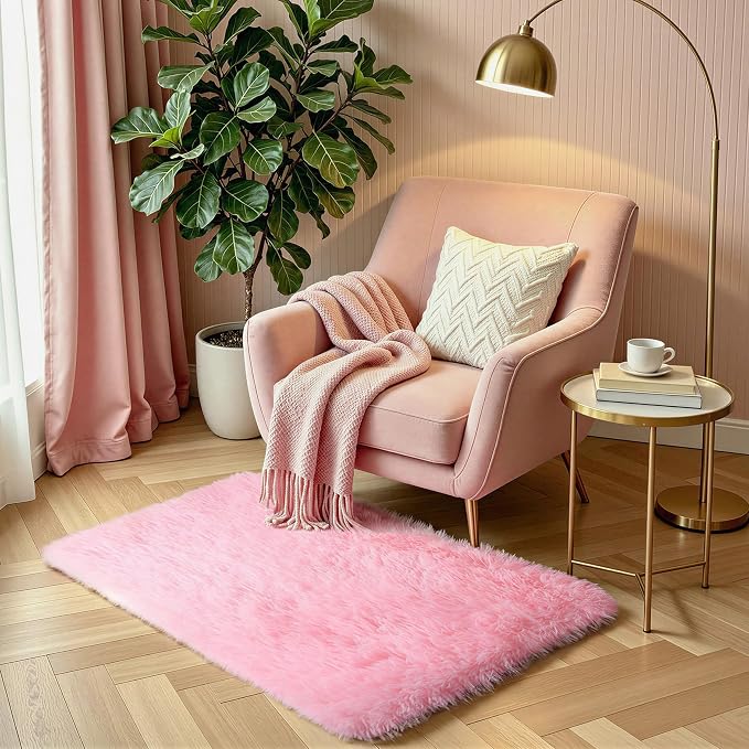 KCHOWUA Pink Fluffy Fuzzy Rug 2x3, 2 Pcs Machine Washable Plush Shag | Soft pastel shaggy furry throw rug for girls bedroom, living room, nursery, kids room, and dorm