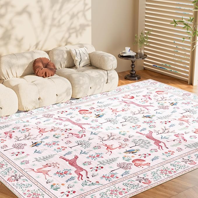 DUKINO 8x10 Area Rugs, Washable Soft Animal Bedroom Rug Non Slip, Pink | Non Slip, Low Pile, Stain Resistant Indoor Large Carpet for Living Room, Dining Room, Kids PlayRoom, Farmhouse, Pet Friendly