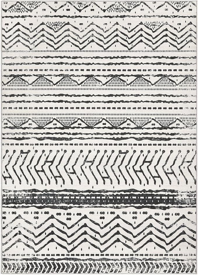 Nakagishi Black Rug for Living Room: 7x9 Washable Boho Large Neutral Soft Farmhouse Area Rugs Stain Resistant Modern Geometric Non-Slip Indoor Floor Carpet for Bedroom Playroom Office Dining Room