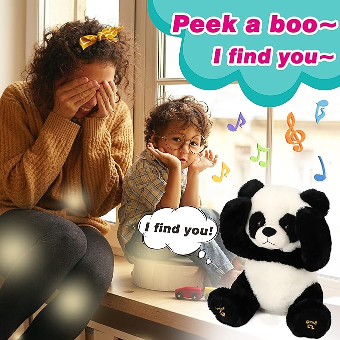 Cuteoy Peek A Boo Panda Bear Plush Toy Interactive Electric Stuffed Animal Repeats What You Say Singing Talking Musical Plushies Gifts for Christmas Birthday 11''