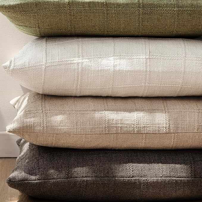 Foindtower Set of 2 Decorative Linen Check Throw Pillow Covers Neutral Farmhouse Vintage Cushion Covers Cozy Modern Coastal Boho Home Decor for Sofa Chair Couch Bedroom Living Room,14×36 Inch,Camel