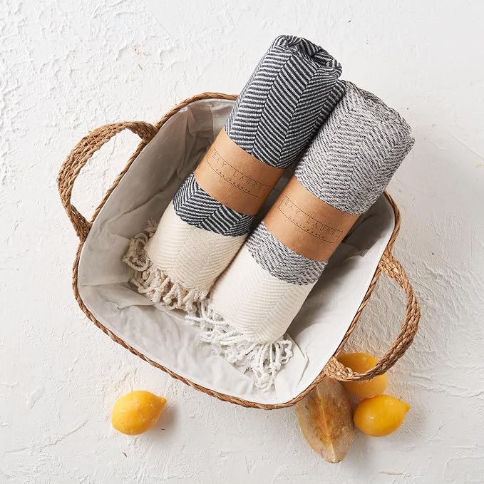 BAY LAUREL Turkish Hand Towel – Pack of 2 | Soft & Absorbent Decorative Towels for Bathroom, Hand, Face, Hair, Gym, Yoga, SPA, Kitchen & Tea | Boho Decor (Beige, Herringbone 15x26 Inches (Set of 2)