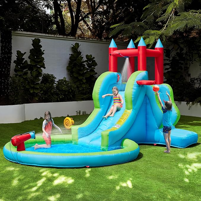 Yaheetech Inflatable Kids Water Slide, 5-in-1 Outdoor Blow Up Slide for Kids Aged 3-8 with Water Cannon, Basketball Hoop, Climbing Wall, Storage Bag & 350W Blower