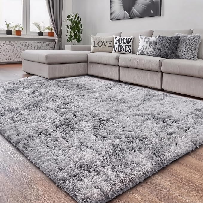 Amdrebio Tie-Dyed Light Grey Fluffy Area Rug 4x6 for Bedroom Dorm Classroom | Plush Shaggy Furry Fuzzy Shag Kids Boys Carpet, Nursery Playroom Office Men Cave Living Room Decor, Cool Farmhouse Aesthetic