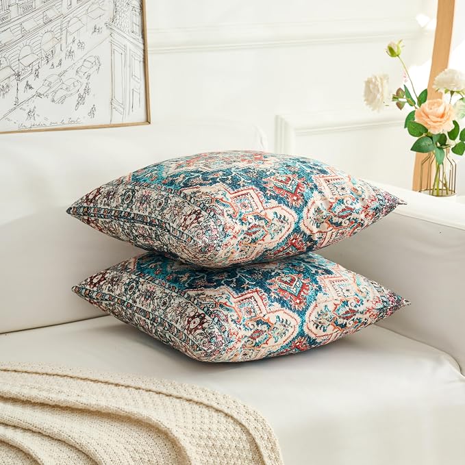 Boho Throw Pillow Covers 20x20 inch Set of 2,Boho Vintage Carpet Pattern Antique Ethnic Decor Double Sided Pattern Cushion Cover Soft Pillow Case Living Sofa Room Bed Square Pillow Cover