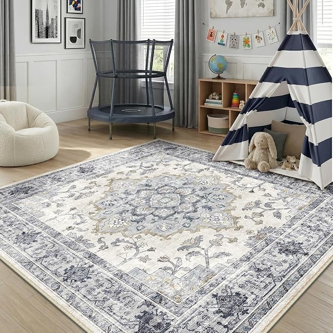 CAPALOCA Square 6ft Washable Nursery Girls Low Pile Area Rug Blue White | Non-Slip Soft Rugs for Bedroom Kids Playroom Living Room, Print Pattern Water Repellent Carpet Indoor Decor