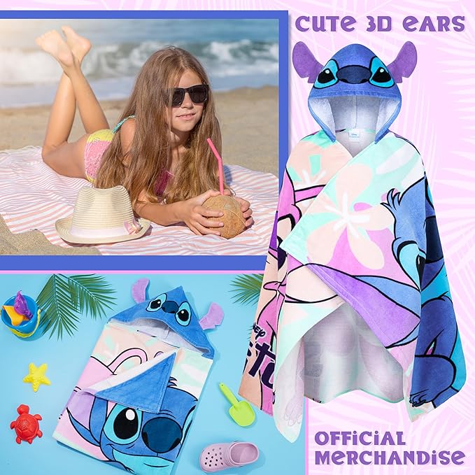 Disney Stitch Bath Towel with Hood for Kids Teenagers Absorbent Cozy Poncho Hooded Beach Towel Wrap for Beach Pool Swimming Bath Vacation Essentials (Blue/Multi Stitch, 6-14 Years)