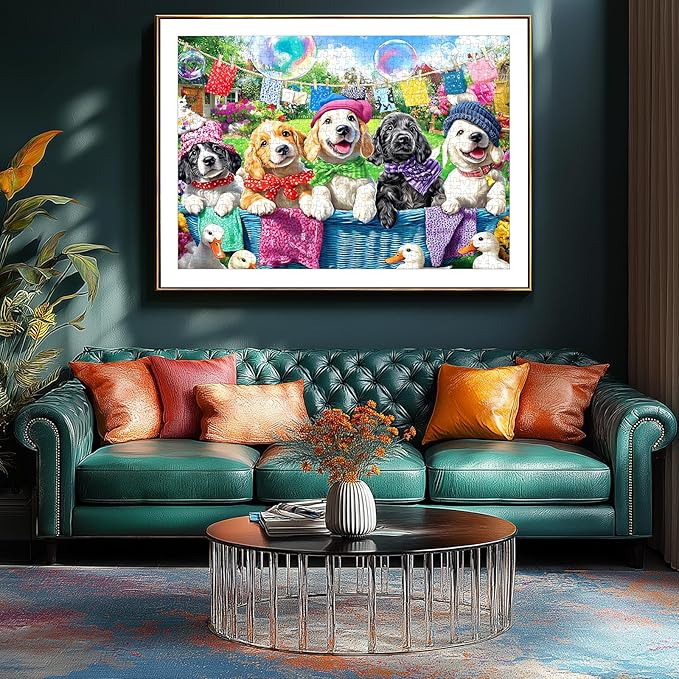 Laundry Day Dogs 500 Piece Jigsaw Puzzle for Adults Colorful Garden Scene with Puppies Animal Puzzle with Letters on Back Fun & Relaxing Gift for Seniors, Family, Adults (23โx15โ)