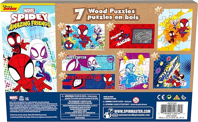 Spin Master Games, Marvel Spidey and His Amazing Friends Puzzles 7-Pack, Jigsaw Kids Puzzles with Sliding Wood Storage Box, Spiderman Toys, for Kids Ages 4 & Up
