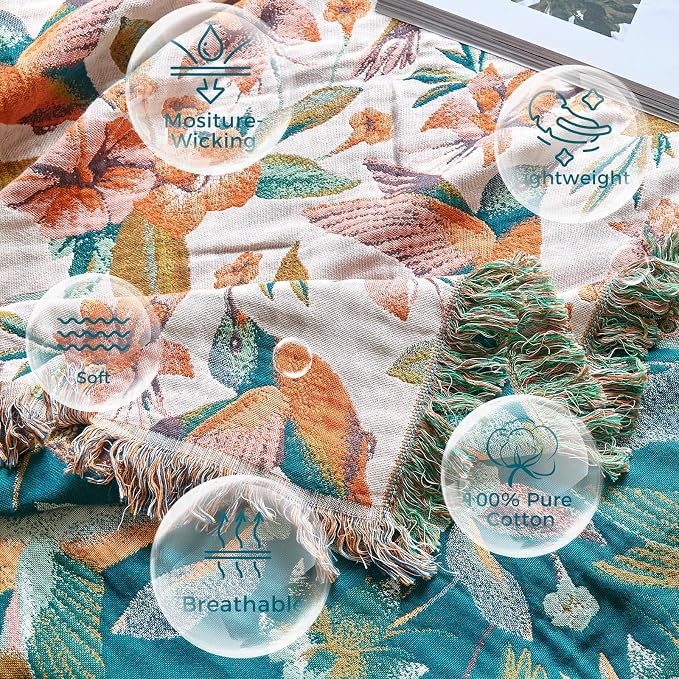 LUTBM Boho Throw Blanket for Bed 60"x80", 100% Cotton Soft Couch Blankets | Reversible Floral Bird Jacquard, All-Season Lightweight Breathable Twin Quilt, For Chair Sofa Bedroom Living Room, Home Decor