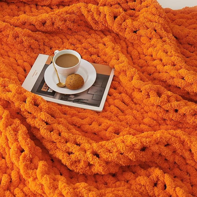 L'AGRATY Chunky Knit Throw Blanket for Couch 80'' x 90'' Knit Throw, Orange | Handmade Chenille Crochet Blanket for Sofa Bed, Thick Cable Knitted Blankets for Room Home Decor, Birthday Gift for Women Mom