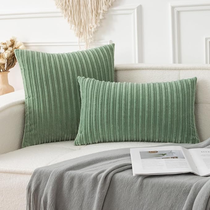 UGASA Velvet 12x20 Inch Lumbar Soft Throw Pillow Cover Farmhouse Decorative Corduroy Striped Both Sides Solid Rectangular Cushion Case for Couch Bedroom Sofa Home, 1 Piece, Sage Green