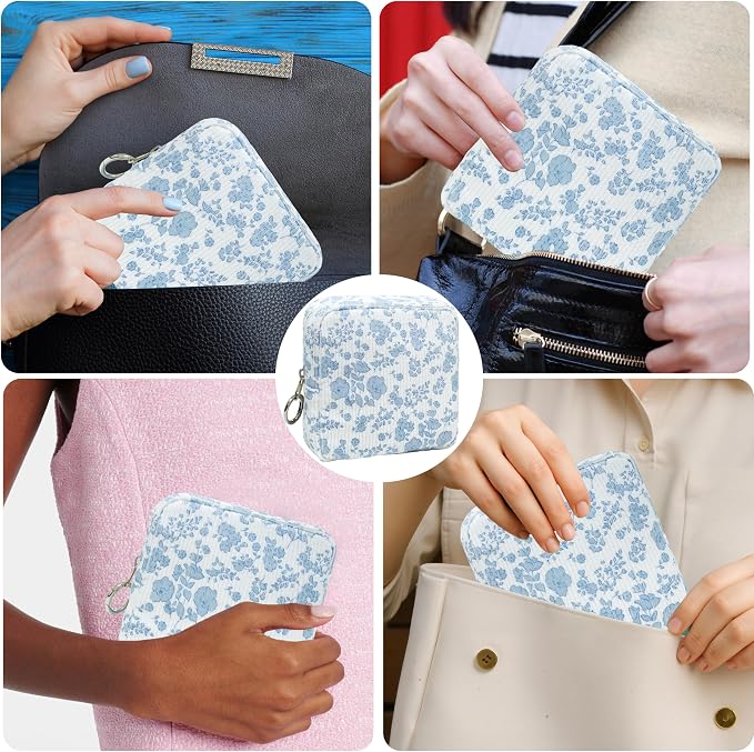 Period Bag for Girls, Corduroy Sanitary Napkin Storage Bag, Period Pouch & Tampon Holder, Feminine Care Organizer(Blue Flower)