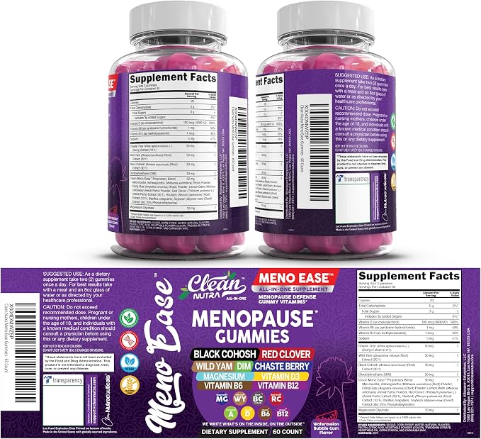Menopause Supplement for Women Gummies with Black Cohosh, Wild Yam, DIM, Magnesium, Red Clover Chasteberry for Hormone Balance Relief Night Sweats Mood Plus Bergamot, Vitamin D3, Vitamin B6 B12