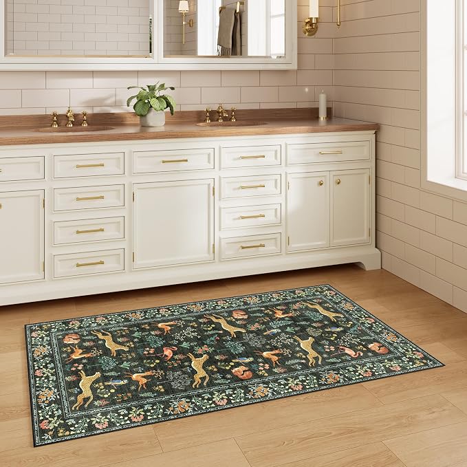 DUKINO 2x4 Rug for Entryway, Animal Washable Runner Rug for Kitchen, Black | Non Slip, Low Pile, Stain Resistant Thin Indoor Carpet for Hallway, Bedroom, Bathroom, Laundry, Pet Friendly, Non-Shedding