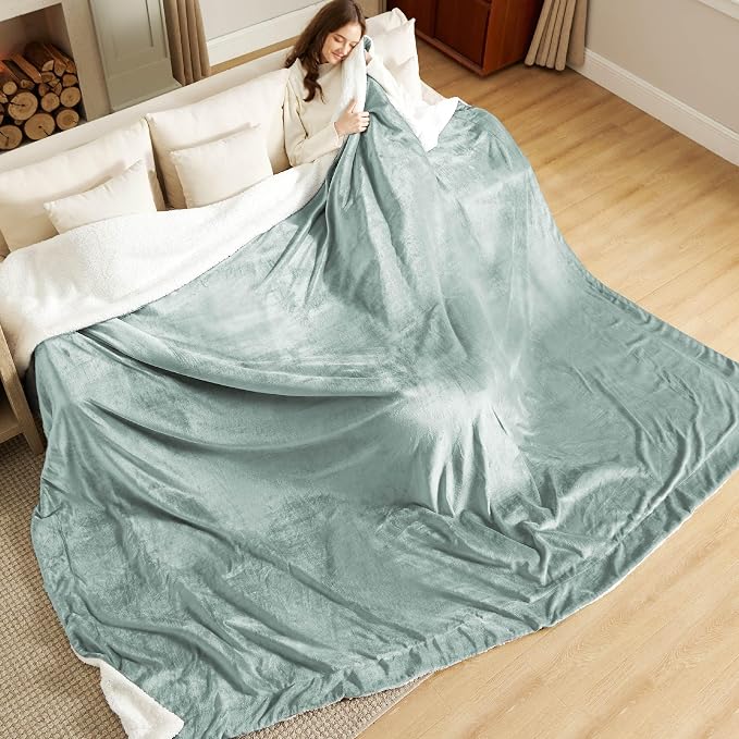 Bedsure GentleSoft Sherpa Fleece Cal King Blankets for Bed, Non-Heated, Thick and Warm Oversized Throw for Women and Men, Soft Fuzzy Plush Large Blanket for Winter, Sage Green, 112x98 Inches