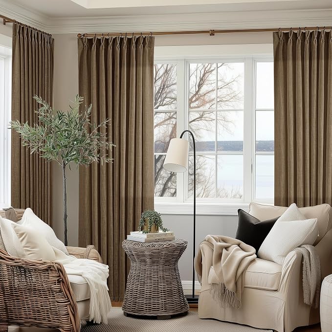 Dutch Cocoa Pinch Pleat Linen Curtains 90 Inches Long 60 Inch Wide 1 Panel | Light Filtering Semi Sheer Privacy, 400GSM Fabric Memory Shape, Pinch Pleated, for Sliding Door Living Room Bedroom, W60xL90