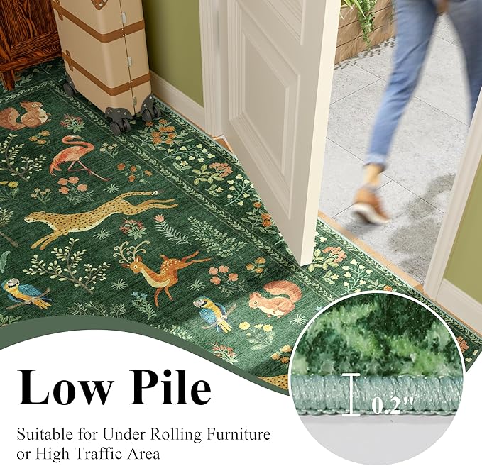 DUKINO 3x10 Washable Runner Rug, Non Slip Animal Rug for Hallway, Green | Low Pile, Stain Resistant, Soft Thin Indoor Rug Runner for Kitchen, Entryway, Bedroom, Bathroom, Pet Friendly, Non-Shedding
