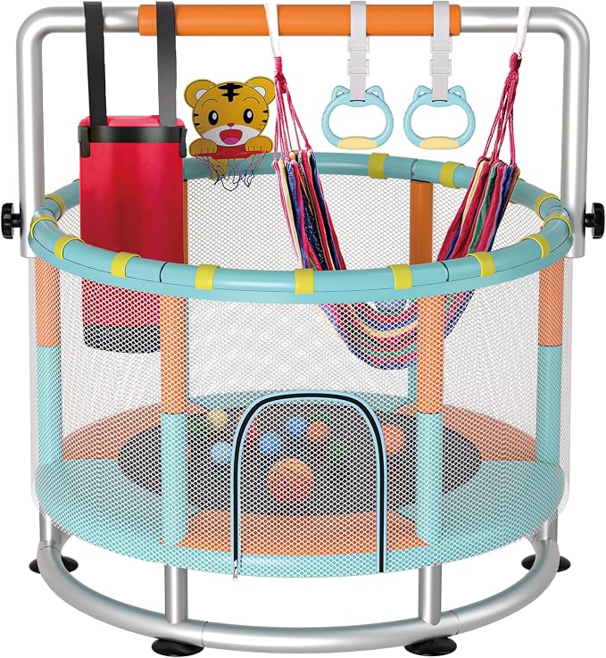 55" Kids Indoor Trampoline with Safety Net, Adjustable Gymnastics Bar & Toys – Indoor/Outdoor Toddler Play Gym for Boys & Girls Ages 3+, Birthday Gifts
