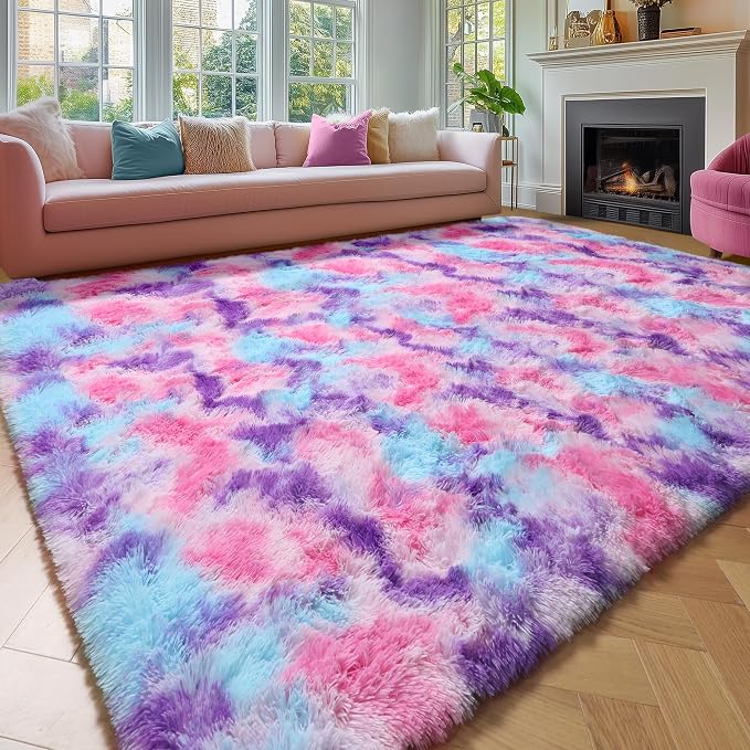 Amdrebio Pink Blue Purple Area Rug for Girls Bedroom 8x10, Large Fluffy Cute Fuzzy Colorful Pastel Kids Rugs for Nursery Playroom Classroom, Big Shag Princess Carpet for Baby Toddler Teen, Home Decor | Fluffy Shaggy Plush Pastel Kids Carpet, Classroom ...