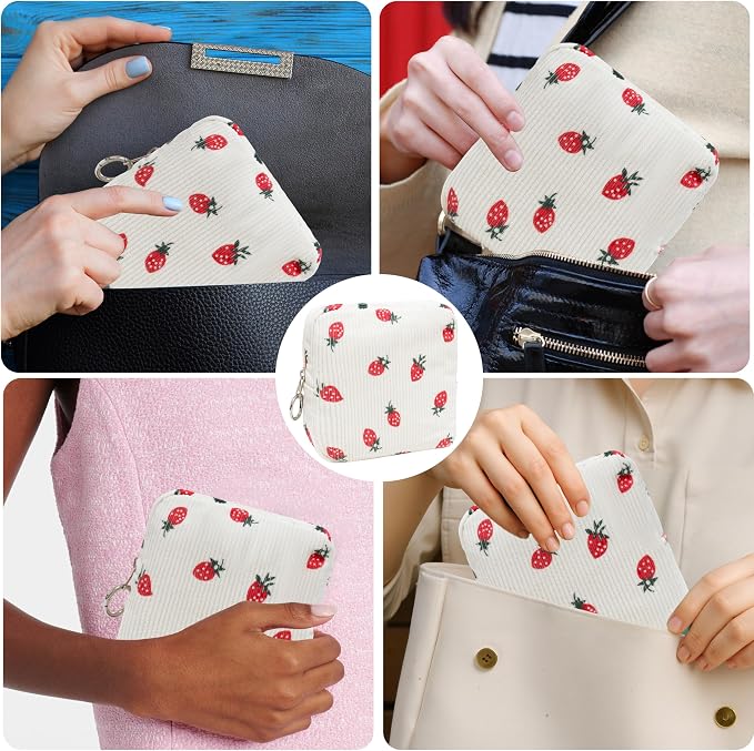Period Bag for Girls, Corduroy Sanitary Napkin Storage Bag, Period Pouch & Tampon Holder, Feminine Care Organizer(Strawberry)