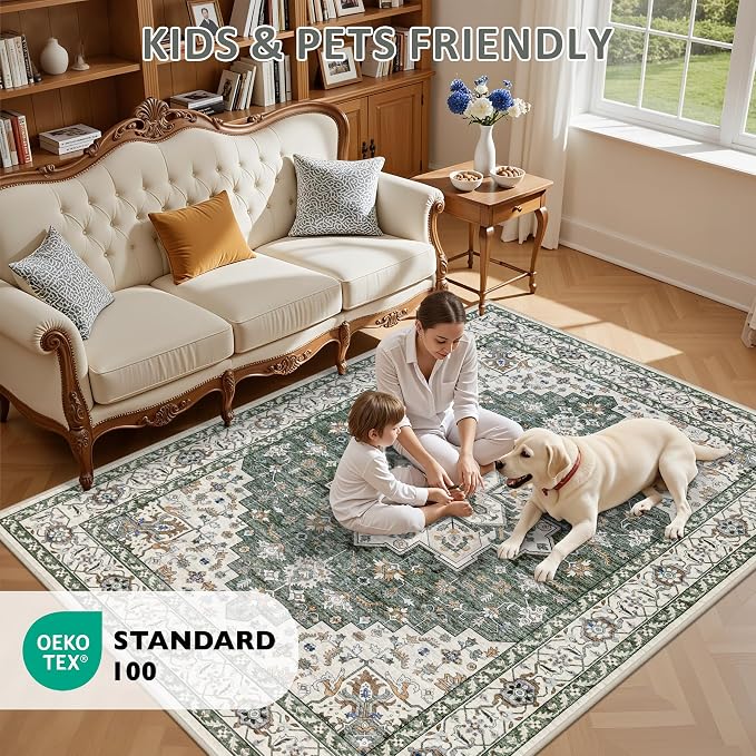 Area Rugs 9x12 Living Room Rug: Washable Rug Soft Vintage Boho Medallion Carpet Indoor Non-Slip Stain Resistant Large Carpets for Bedroom Dining Room Farmhouse Nursery Home Office Green Ivory