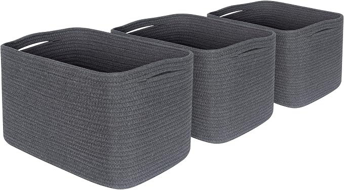 3-Pack Decorative Woven Storage Baskets for Shelves, Cube Bin Box for Organizing Books, Shoes, Dog Toys, Pantry Closet and Living Room Organizer, Charcoal Gray