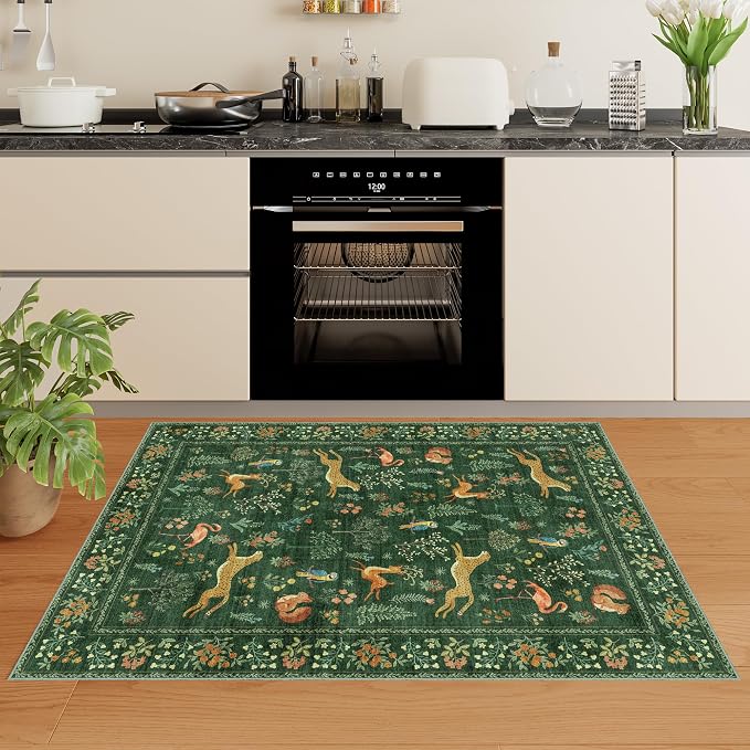 DUKINO 3x5 Rug, Washable Animal Area Rug for Bedroom Non Slip, Green | Low Pile, Stain Resistant, Soft Indoor Carpet for Living Room, Kitchen, Dining Room, Nursery, Lightweight, Pet Friendly