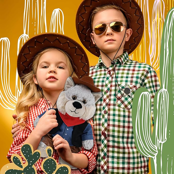 DolliBu Sitting Wolf Stuffed Animal Cowboy Plush with Name Personalization - Western-Themed Wolf Plush with Cute Cowboy Costume Denim Shirt Vest, Bandana, Leather Pants, and Hat - 9 Inches