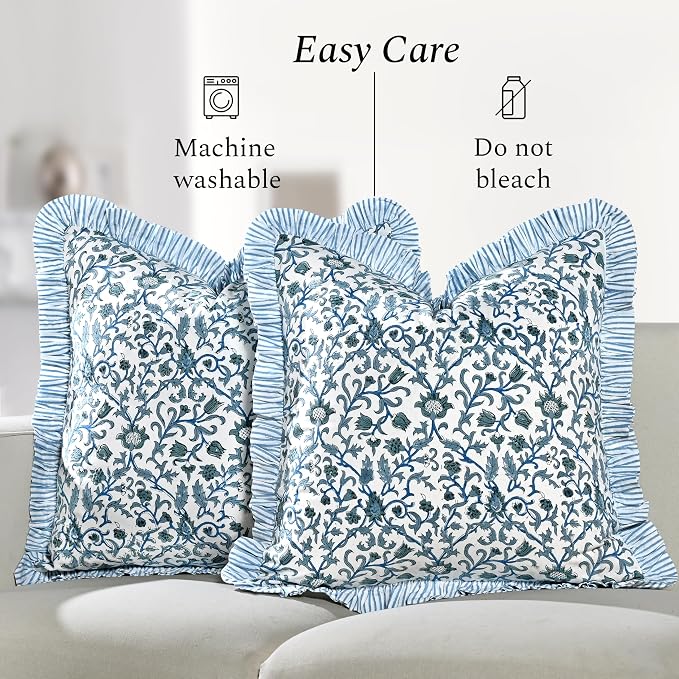 CPC Ocean Vine Hand Block Print 100% Cotton Ruffle Throw Pillow Cover 18x18 inch with Hidden Zipper Decorative for Couch, Bed, Sofa, Farmhouse, Cottagecore Decor Gift Christmas Fall Thanksgiving