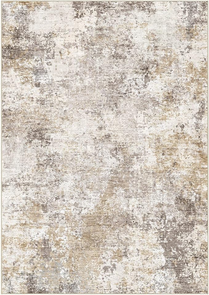 Nakagishi 10X14 Area Rugs for Living Room: Washable Modern Abstract Rug with Non-Slip Silicone Backing Low Pile Soft Carpet for Bedroom & Dining Decor Ideal for Families with Kids and Pets-Brown