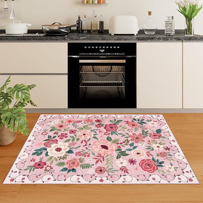 DUKINO 3x4 Area Rug, Floral Washable Rug for Kitchen Non Slip, Pink | Low Pile, Soft, Stain Resistant Indoor Rug for Entryway, Bedroom, Bathroom, Laundry, Pet Friendly, Home Decor, Lightweight