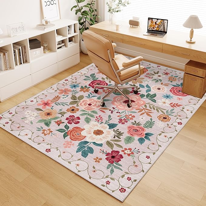 DUKINO 6x9 Area Rugs, Floral Washable Rug for Bedroom Non Slip, Beige | Soft, Low Pile, Large Indoor Rug for Living Room, Dining Room, Kids Room, Office, Pet Friendly, Home Decor, Stain Resistant