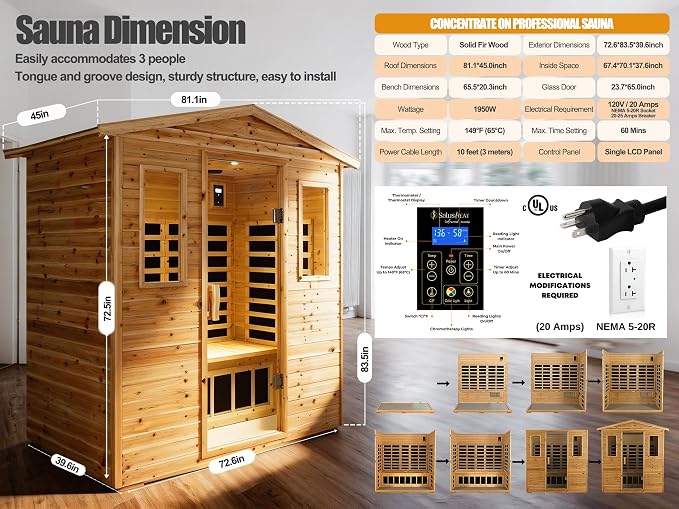 Full Spectrum Sauna, Outdoor Sauna 3 Person Infrared Sauna, Infrared Saunas for Home, 1950W 20A Low EMF Far Infrared Sauna Old Fir Wooden Sauna with Red Light Therapy, Reclining Seats