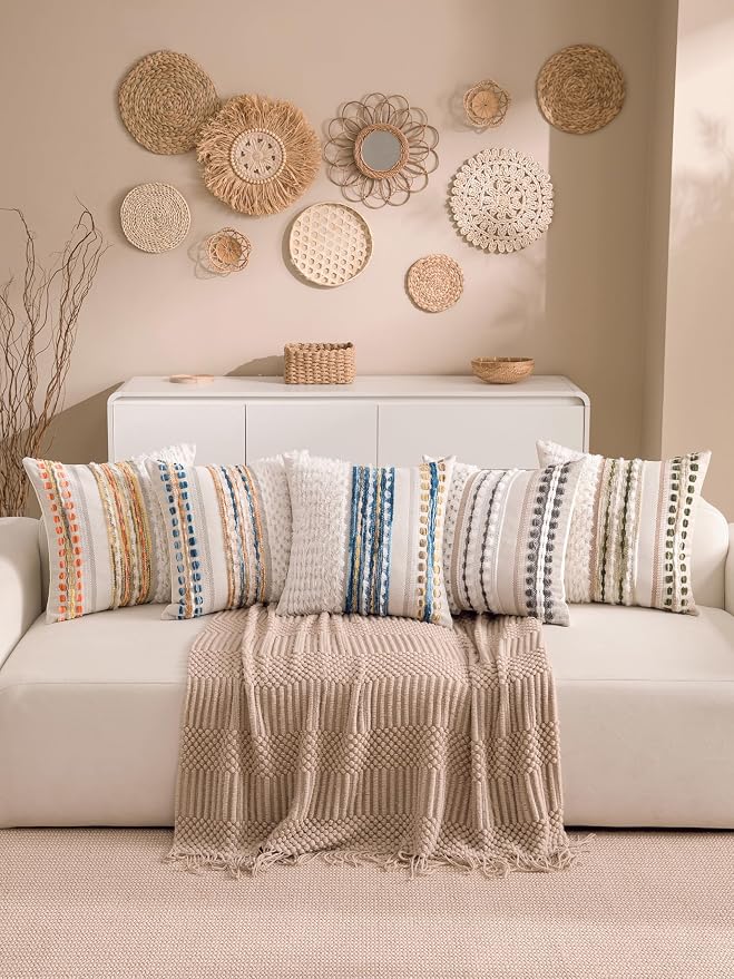 Boho Chenille Tufted Couch Throw Pillow Covers 18x18 Inch Set of 2 Farmhouse Striped Decorative Pillow Covers Accent Neutral Square Pillowcase Grey Cushion Covers for Livingroom Sofa Bed