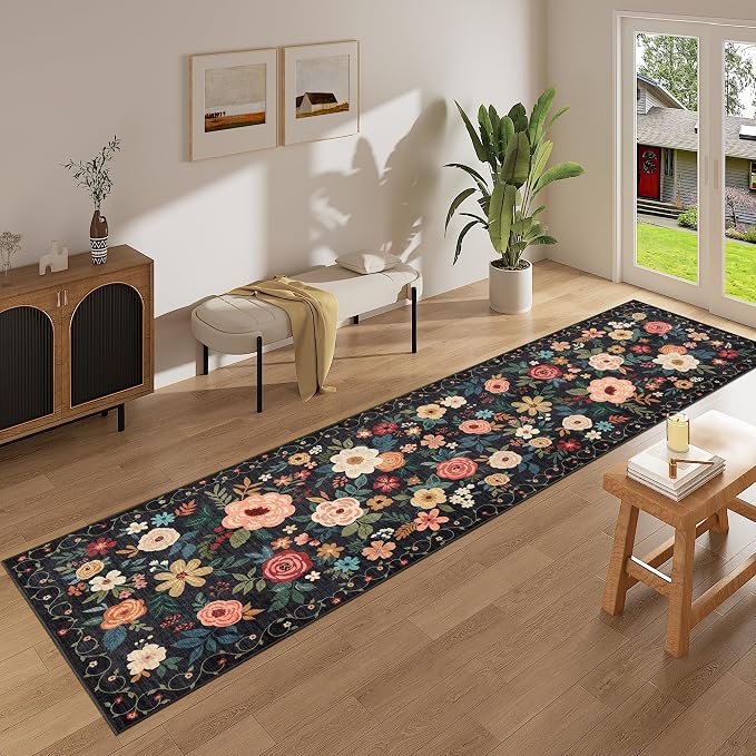 DUKINO 2.6x12 Kitchen Runner Rug, Floral Non Slip Long Washable Rug, Black | Low Pile, Stain Resistant, Soft Indoor Rug Runner for Hallway, Entryway, Bedroom, Bathroom, Laundry, Pet Friendly, Home Decor