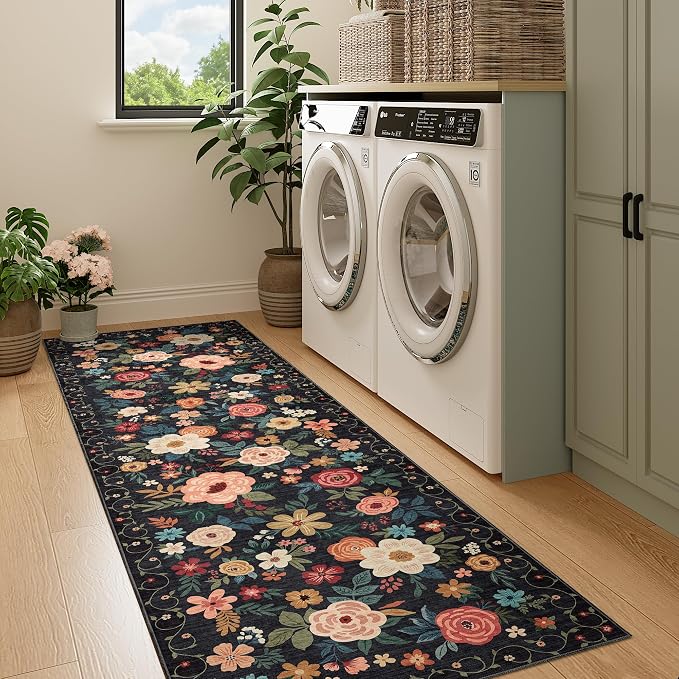 DUKINO 2x7 Runner Rug for Hallway, Washable Runner Rug Non Slip, Black | Low Pile, Soft Indoor Carpet Runner for Kitchen, Bedroom, Bathroom, Entryway, Laundry, Pet Friendly, Home Decor, Lightweight
