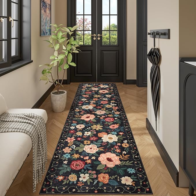 DUKINO 3x8 Kitchen Runner Rug, Washable Rug for Hallway Non Slip, Black | Soft, Low Pile, Floral Indoor Carpet Runner for Hallway, Entryway, Bedroom, Bathroom, Laundry, Pet Friendly, Home Decor