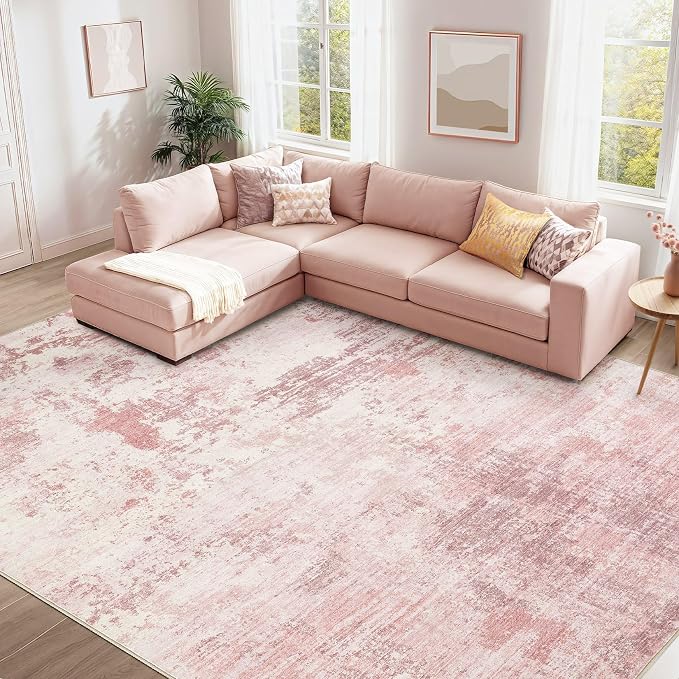 UERMEI 10x12 Area Rug Living Room Rugs - Washable Neutral Modern Abstract Soft Thin Large Rug Indoor Floor No Slip Rug Carpet for Bedroom Under Dining Table Home Office Decor - Pink