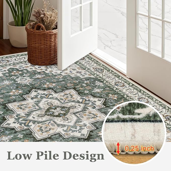 Round Area Rug for Living Room: 6ft Washable Vintage Boho Soft Thin Circle Rug Indoor Floor No Slip Stain Resistant Carpet for Bedroom Dining Room Farmhouse Nursery Home Office - Green Ivory