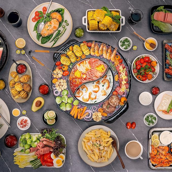 Food Party Hot Pot Electric Korean BBQ Grill Combo Hotpot Smokeless Indoor Grill 16.5" Detachable Easy Cleaning 110V 1800W Shabu Shabu Pot with Divider