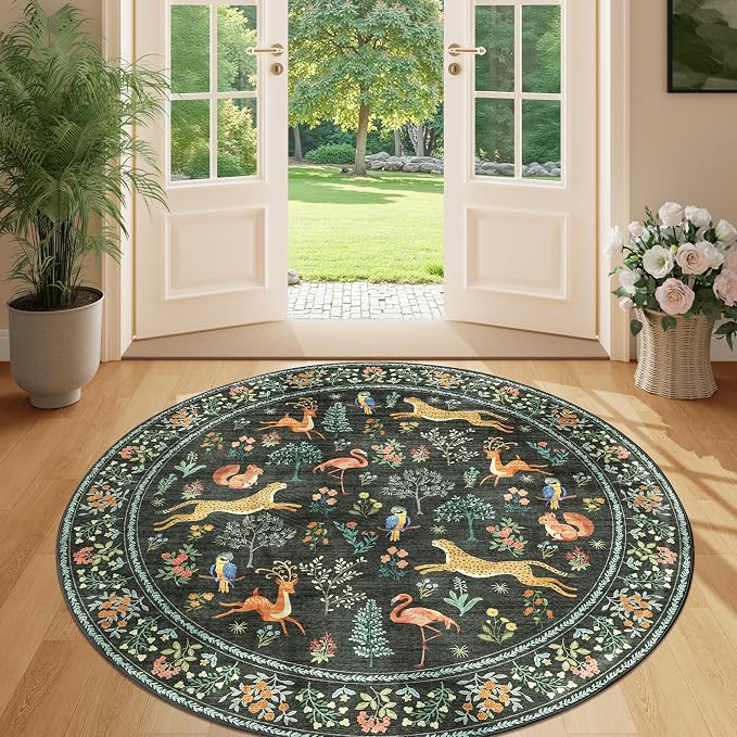 DUKINO 5ft Round Rug, Washable Animal Non Slip Circle Area Rug, Black | Low Pile, Soft, Non-Shedding Indoor Round Carpet for Bedroom, Living Room, Farmhouse, Farmhouse, Pet Friendly, Lightweight